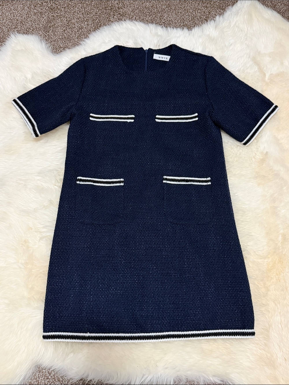 Women Dress Korean Chic Summer Round Neck Contrast Color Trim Pocket Loose Tweed